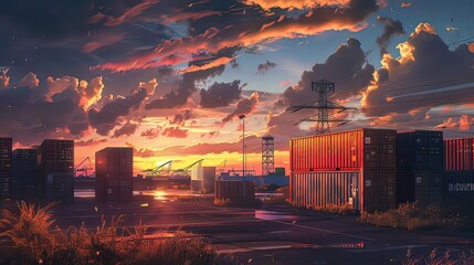 Shipping container sunset photo , Container yard sunset