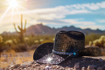 
black glitter cowgirl or cowboy hat with sparkles in the desert, cactus and mountains in background, blue sky, sunny day, trendy vibrant colors
