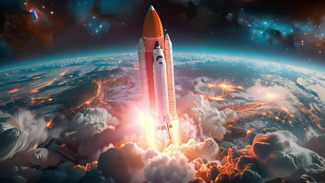 Artists depiction of a space shuttle blasting off from the surface of the Earth, leaving behind a trail of smoke and fire.