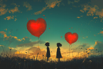 Two children are standing in a field with two red balloons in the air