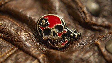 "Pirate-inspired metallic skull pin featuring a red and black flag symbolizing danger and hacking". Concept Accessories, Pirate Theme, Skull Pin, Red and Black, Danger Symbol