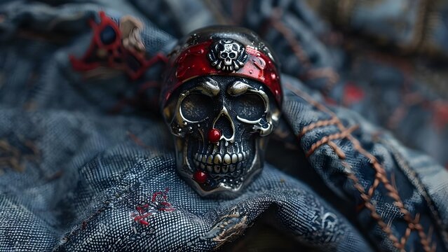 Piratethemed metallic skull pin with red and black flag symbolizing danger and hacking. Concept Pirate Theme, Skull Pin, Metallic Finish, Red and Black, Flag Symbol