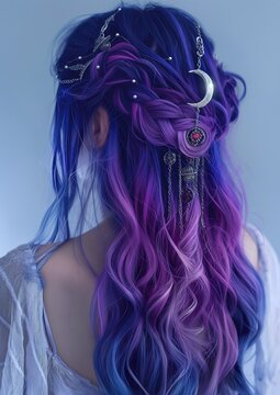 pretty woman with ombre blue pink long hair decorated with crescent moon accessory, Generative Ai