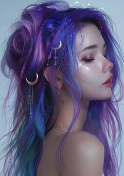 pretty woman with ombre blue pink long hair decorated with crescent moon accessory, Generative Ai