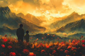A man and a child are standing in a field of red flowers