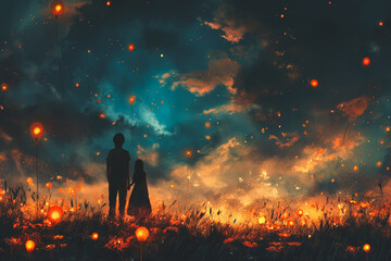 A couple standing in a field of fireflies