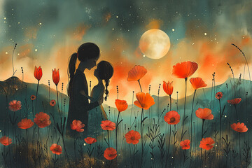 A painting of two women kissing in a field of red flowers