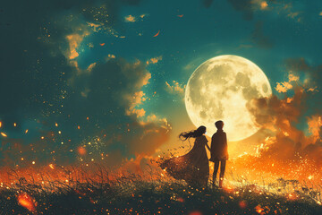 A couple is standing in a field of grass, with a large moon in the background