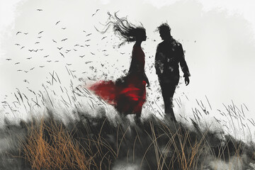 A man and woman are walking in a field with a lot of birds flying around them