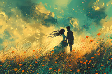 A couple is walking through a field of flowers