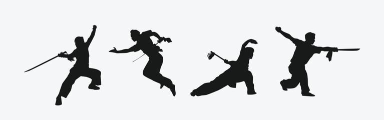 Wushu silhouettes set. Martial arts, wushu athletes. Different action, movement, pose. Graphic vector illustration.