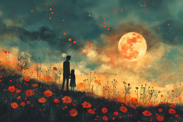 A man and a little girl are standing in a field of flowers