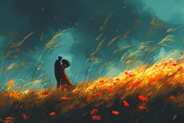 A couple is walking through a field of red flowers