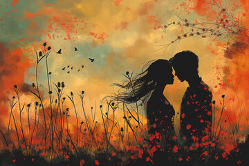 A painting of a couple embracing in a field of red flowers