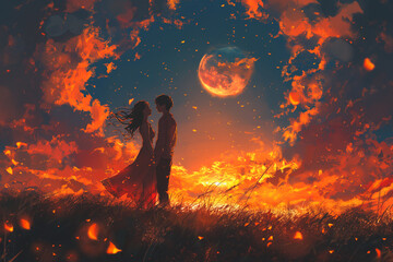 A couple is standing in a field of grass with a large red moon in the background