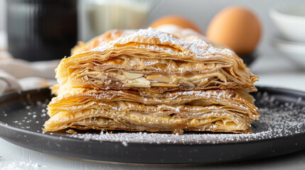 Authentic moroccan cuisine showcased in a delectably layered pastilla, adorned with powdered sugar and almonds, served on a sleek black plate