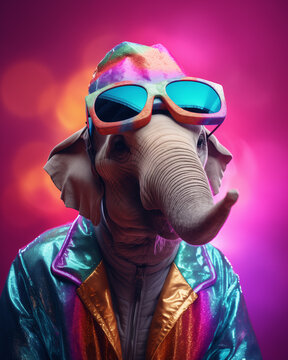 Portrait of an elephant wearing colorful sunglasses and a disco party outfit, with a pink background and disco vibes, in the style of retrofuturism.