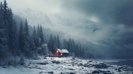 A Very Old Mountain Cabin In Snowy Mountains A Forest With Snow Covered Trees On The Side Landscape