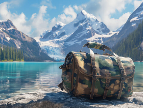 A functional, canvas weekender bag in a camo print, overflowing with hiking gear, propped open against a backdrop of snow-capped mountains and a crystal-clear lake.