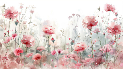 A watercolor showcasing a cluster of soft light pastel lilies and verdant clover against a white background. In the distance lies a long field of cherry blossoms, rendered in the style of clipart.