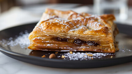 Authentic moroccan pastry served on a black plate, sprinkled with powdered sugar and almonds, showcasing delicious cultural cuisine