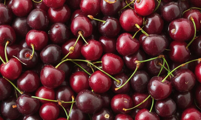 Fresh and ripe cherries, varying in shades of red from bright to dark, appearing juicy and ready to eat. The lighting highlights the natural glossiness of the cherries’ surface.