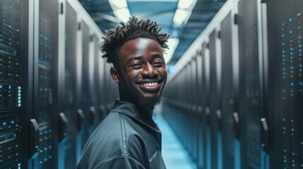 Smiling to the camera, a young black IT technician stands in the server rack corridor of a data center.