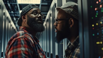 A bearded IT technician in glasses works next to the server racks of a data center while wearing glasses. He is doing diagnostics or maintenance work.