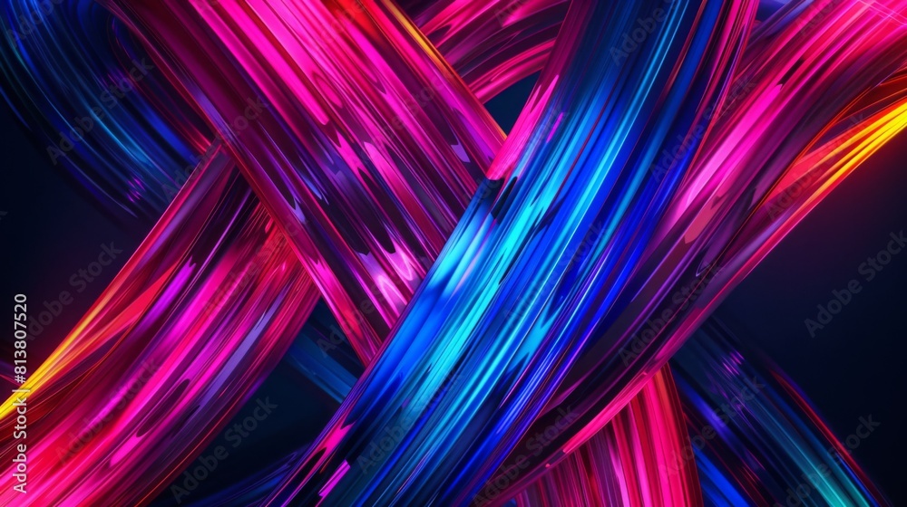 Poster A vibrant display of intersecting neon lights creating an abstract pattern of blue and pink streaks.