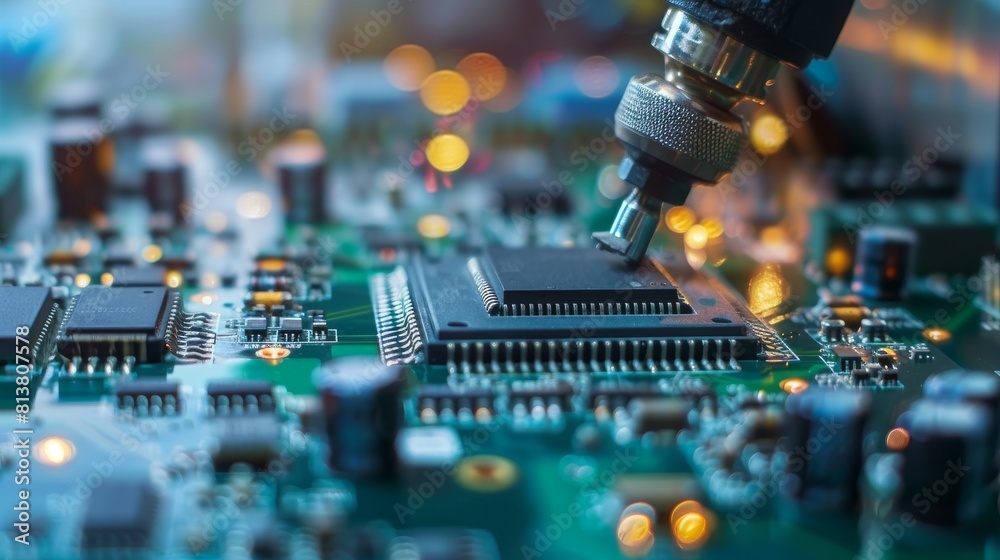 Poster assembling printed circuit boards with automated robotic arm, surface mount technology connecting mi