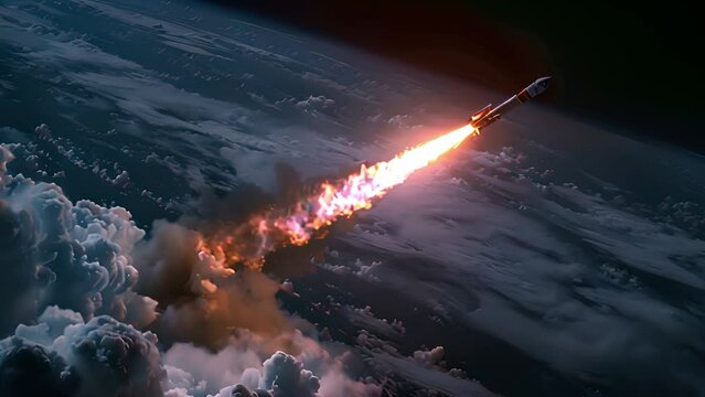 An artists depiction of a rocket with flames blasting off into the dark expanse of outer space.