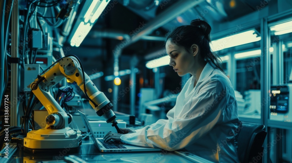 Poster in the factory, a robotic arm is programmed by a laptop as part of an automation engineer's tasks. i