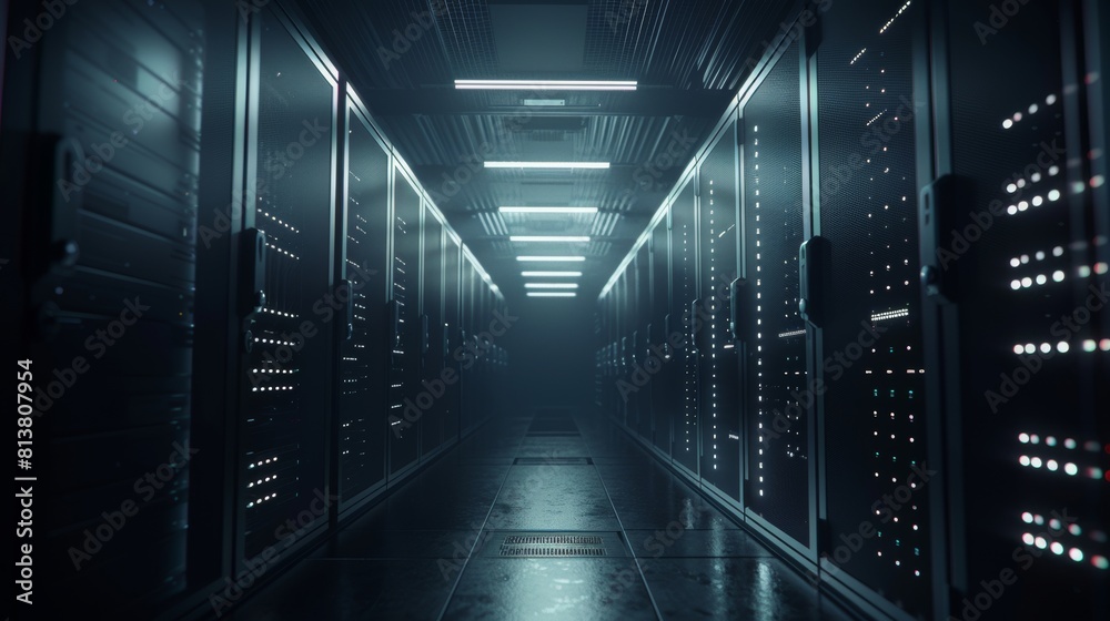 Poster an image of a dark and modern data center with fully operational server racks. this is a modern imag