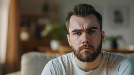 Fototapeta premium Bearded man sitting on couch in front of computer screen at home office workplace
