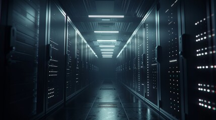 An image of a dark and modern data center with fully operational server racks. This is a modern image for cloud computing, artificial intelligence, supercomputers, and cybersecurity applications.