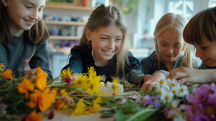 Young Girls Engaged in a Floral Art Class, Creating Flower Arrangements. Generative AI