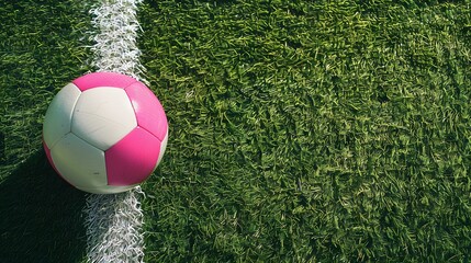 Top View of a magenta and white Soccer Ball next to a white Line on a green Pitch. Football Background