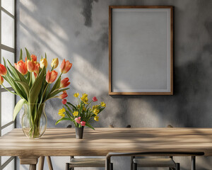 there are two vases of flowers on a table with a picture frame