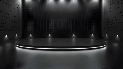 Black empty stage with LED lights and modern background wall with dots. Background for product presentation, fashion show or corporate event. 
