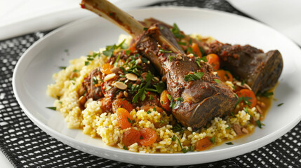 Authentic moroccan flavors: savory lamb tagine with couscous, topped with almonds, apricots, and fresh herbs