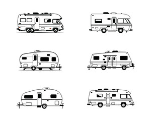 Set of RV Camper trailer Motor Home silhouette. Campervan RV caravan vehicle isolated in white. camping car, Travel SUV, pickup, truck and transport vector illustration. hand drawn stock clip art