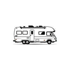 RV Camper trailer Motor Home silhouette. Campervan RV caravan vehicle isolated in white. camping car, Travel SUV, pickup, truck and transport vector illustration. hand drawn stock clip art