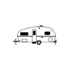 RV Camper trailer Motor Home silhouette. Campervan RV caravan vehicle isolated in white. camping car, Travel SUV, pickup, truck and transport vector illustration. hand drawn stock clip art