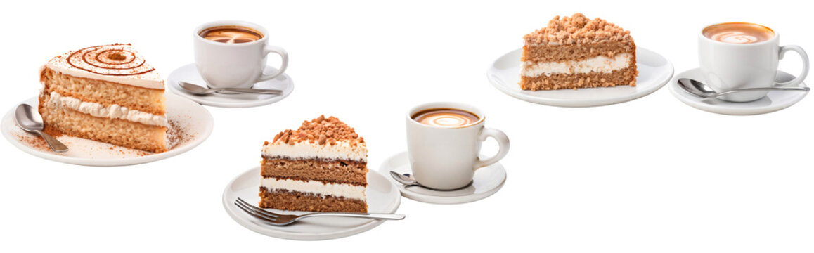 Variety of delicious slice of cake with coffee for breakfast, isolated on transparent background