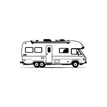 recommend clip art: RV Camper trailer Motor Home silhouette. Campervan RV caravan vehicle isolated in white. camping car, Travel SUV, pickup, truck and transport vector illustration. hand drawn stock clip art