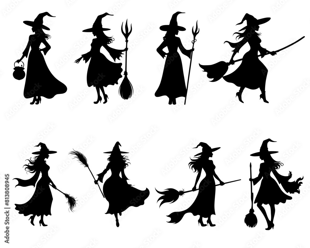 Wall mural set of witches silhouettes vector illustration. collection of mythical characters for halloween witc