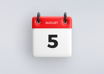3D calendar icon with date 5 august on grey background. Vector schedule symbol.