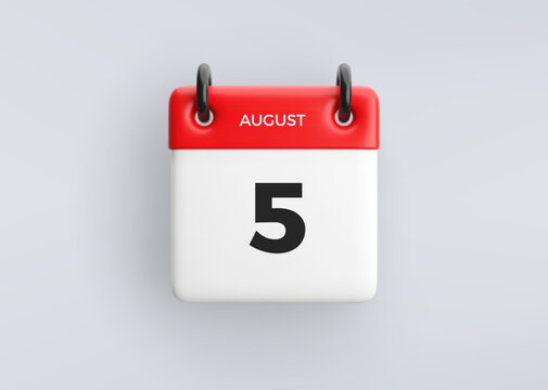 3D calendar icon with date 5 august on grey background. Vector schedule symbol.