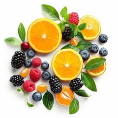Colorful assortment of fresh fruits and berries on a dark background