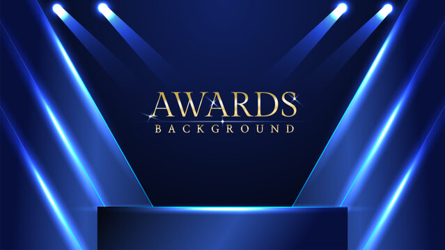 Dark blue luxury awards graphics background with light neon elegant shine spotlight effects. Premium corporate abstract design template. Banner certificate dynamic shape.